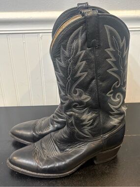 Vintage Dan Post Black Leather Cowboy Boots Size 10 EW Made In USA Western